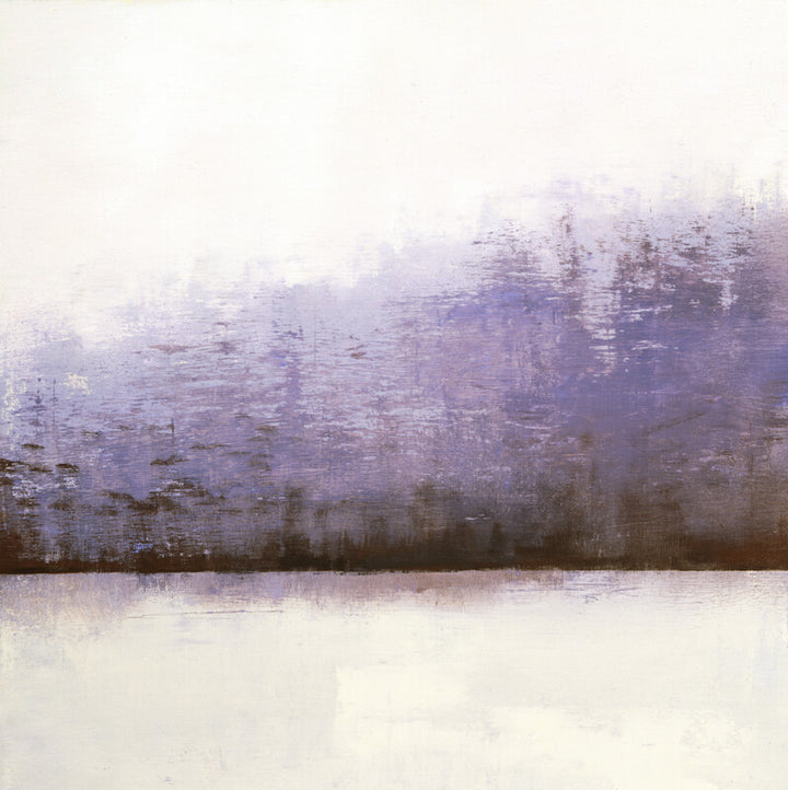 Abstract landscape with layered horizontal bands of purple, blue, and white depicting misty mountains and a frozen lake.
