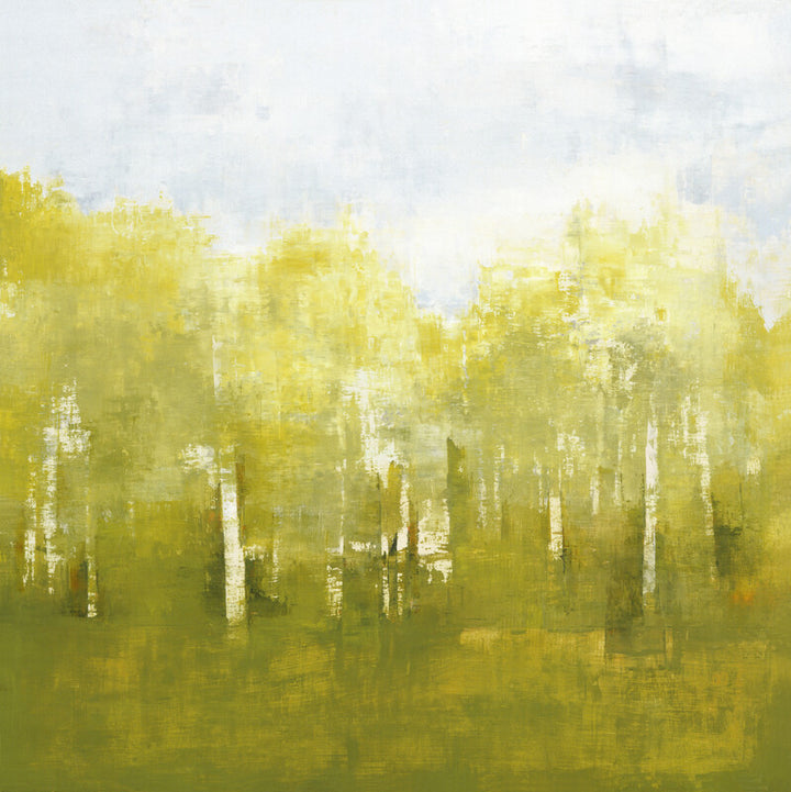 Abstract landscape painting depicting a misty forest of birch trees in predominantly yellow and green tones with white accents.
