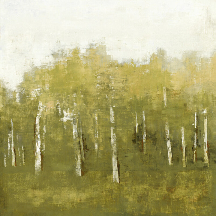 A misty birch forest with white-barked trees against soft green foliage and pale sky, painted in muted earth tones.