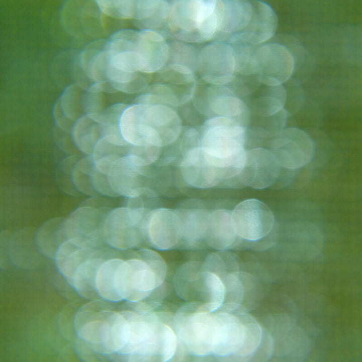 Soft, out-of-focus circular light reflections in white and pale green tones arranged vertically against a muted green background.