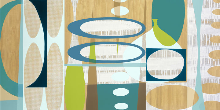 Abstract geometric composition featuring overlapping ovals and rectangles in teal, lime green, tan, and cream with wood texture throughout.