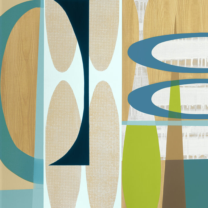 Abstract geometric composition featuring overlapping ovals and curved shapes in teal, cream, tan, lime green, and dark navy blue.