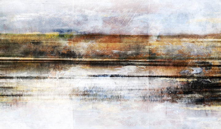 Abstract landscape painting depicting horizontal layers of water and land in browns, tans, blues, and whites with vertical line divisions.