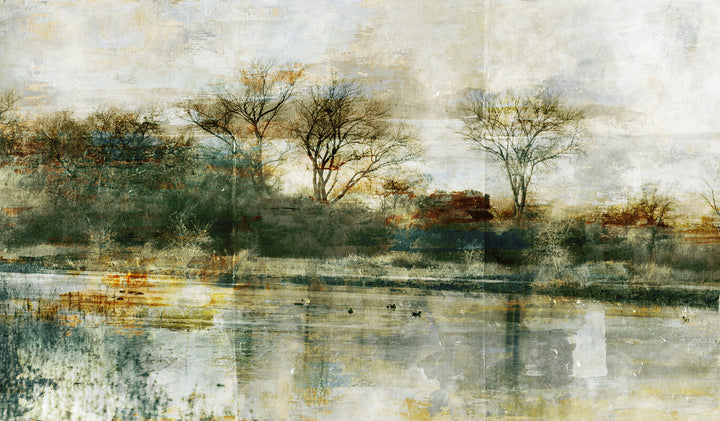 An impressionistic landscape painting depicting bare trees along a waterway with waterfowl, rendered in muted tones of green, brown, gold, and cream.