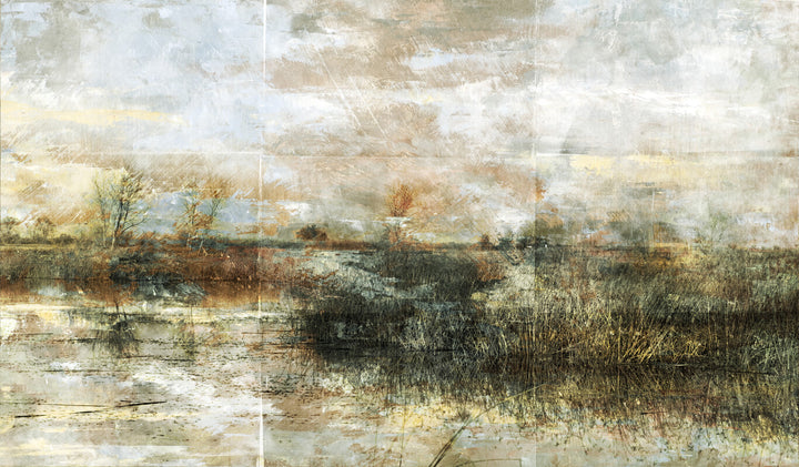 A marshland landscape with water, reeds, and distant trees depicted in muted tones of brown, grey, white, and green.