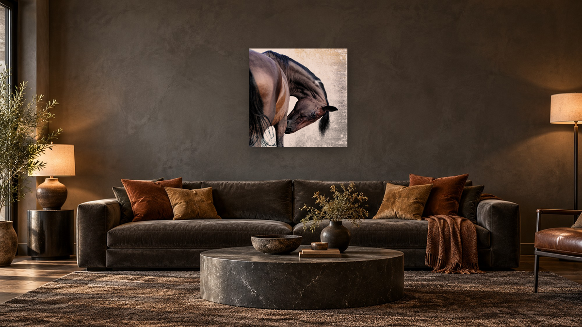 Rikki by Brandon Luther, shown at 32 × 32 in (81.3 × 81.3 cm) as gallery-wrapped canvas, den