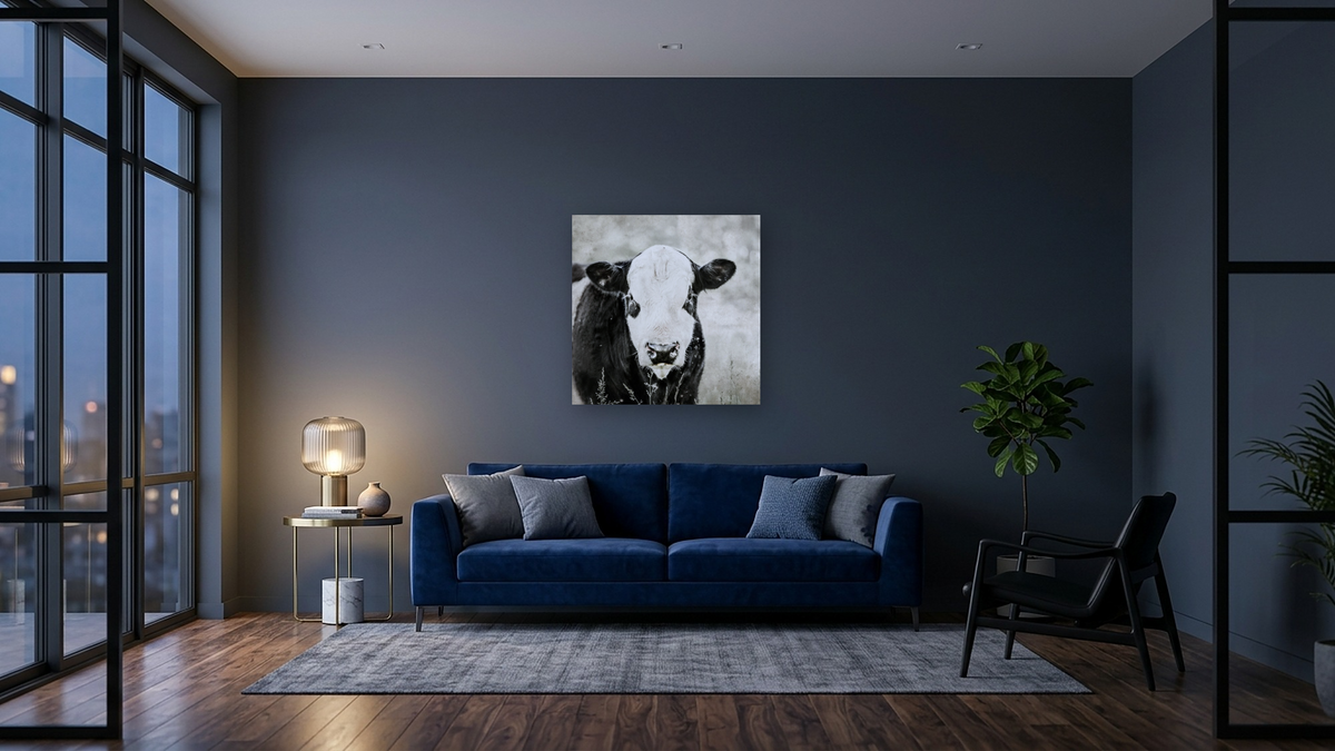 Dudeface by Brandon Luther, shown at 32 × 32 in (81.3 × 81.3 cm) as gallery-wrapped canvas, den