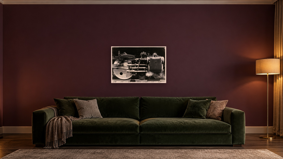 Wheels by Charles Sheeler, shown at 28 × 42 in (71.1 × 106.7 cm) as gallery-wrapped canvas, den