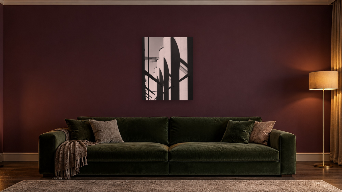 Strain Warehouse #14 by Gordon Osmundson, shown at 32 × 40 in (81.3 × 101.6 cm) as gallery-wrapped canvas, den