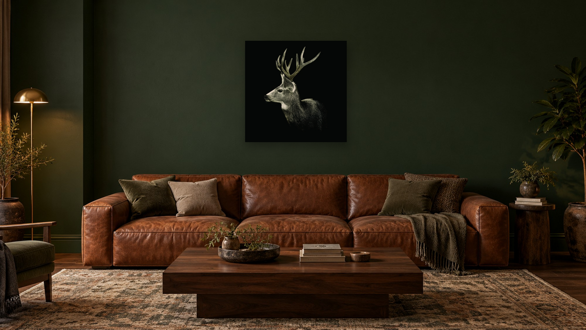 Mule Deer on Black by Brandon Luther, shown at 32 × 32 in (81.3 × 81.3 cm) as gallery-wrapped canvas, den