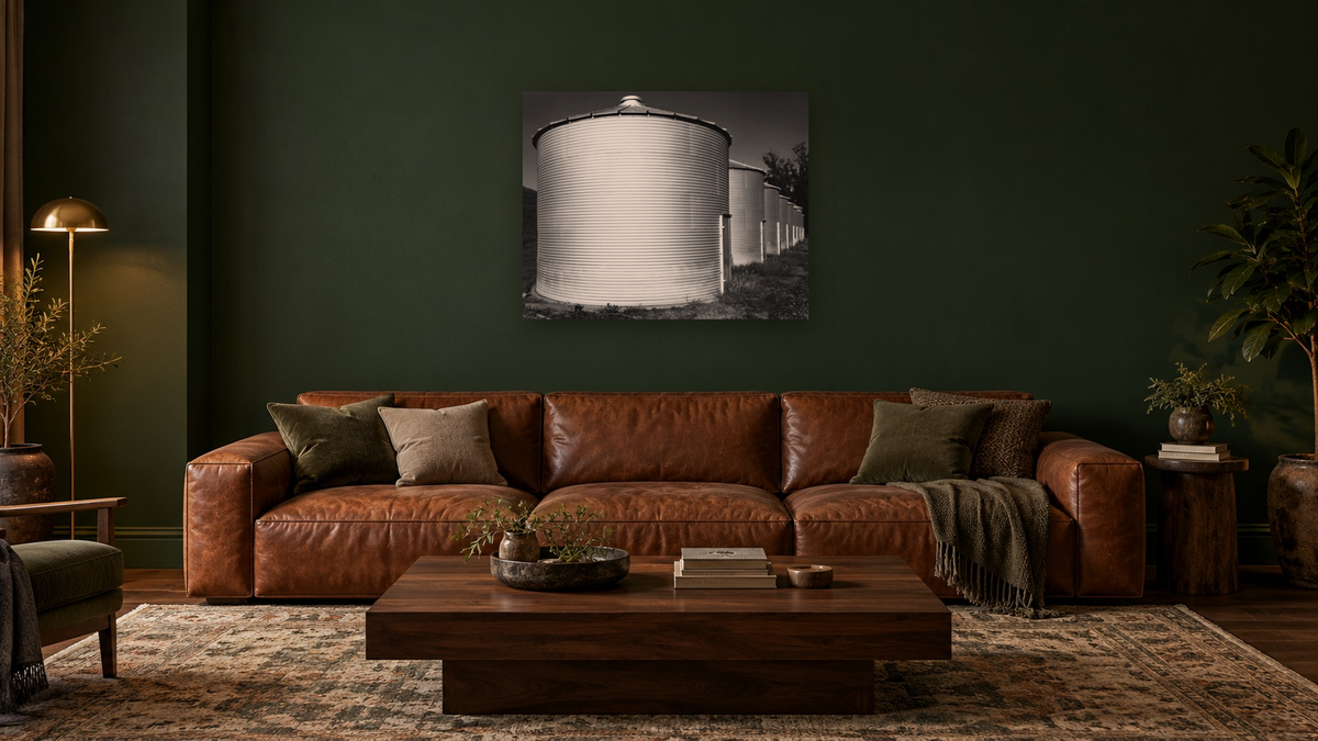 Butler Silos #1 by Gordon Osmundson, shown at 32 × 40 in (81.3 × 101.6 cm) as gallery-wrapped canvas, den