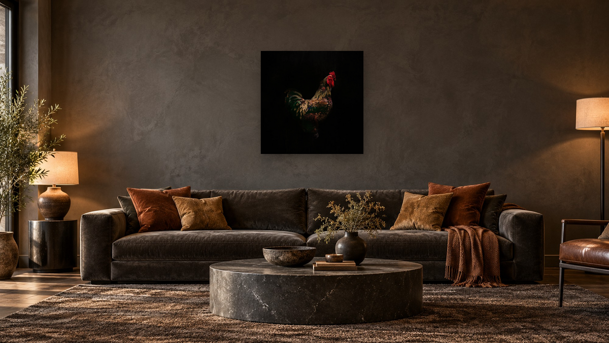Strut by Brandon Luther, shown at 32 × 32 in (81.3 × 81.3 cm) as gallery-wrapped canvas, den