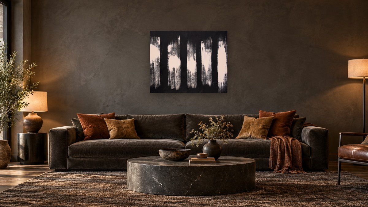 Black and White 8, shown at 32 × 40 in (81.3 × 101.6 cm) as gallery-wrapped canvas, den