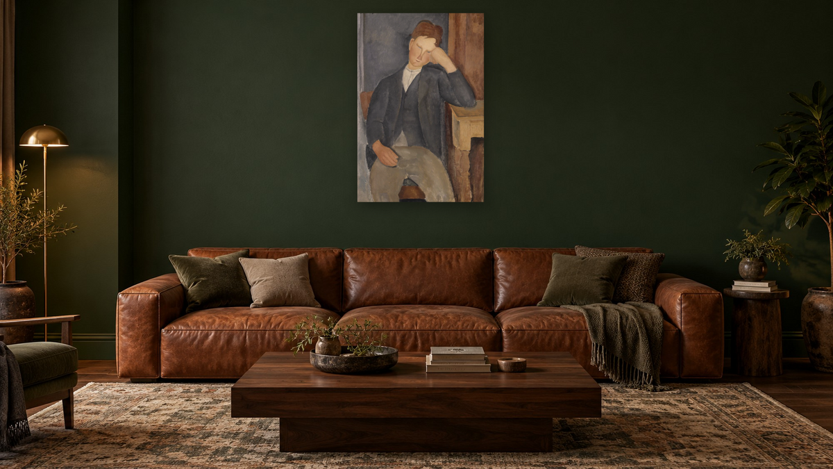 The Young Apprentice by Amedeo Modigliani, shown at 28 × 42 in (71.1 × 106.7 cm) as gallery-wrapped canvas, den