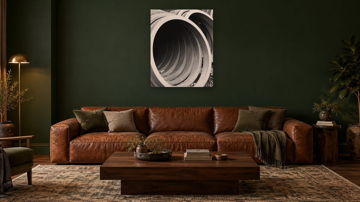 Locomotive Tires by Gordon Osmundson, shown at 32 × 40 in (81.3 × 101.6 cm) as gallery-wrapped canvas, den
