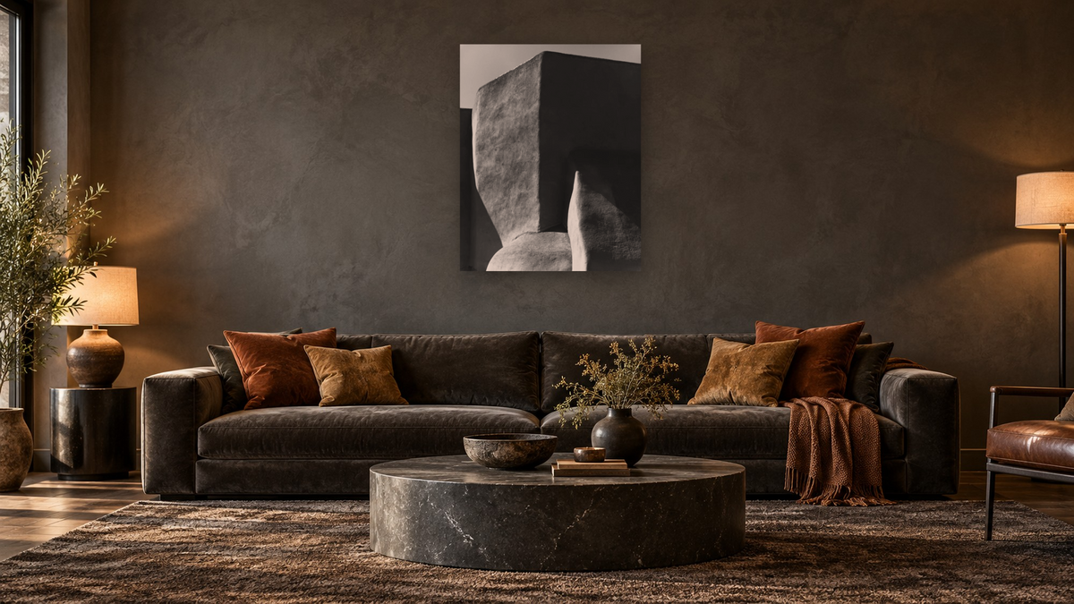 Sun, Shadow, and Adobe #1 by Gordon Osmundson, shown at 32 × 40 in (81.3 × 101.6 cm) as gallery-wrapped canvas, den