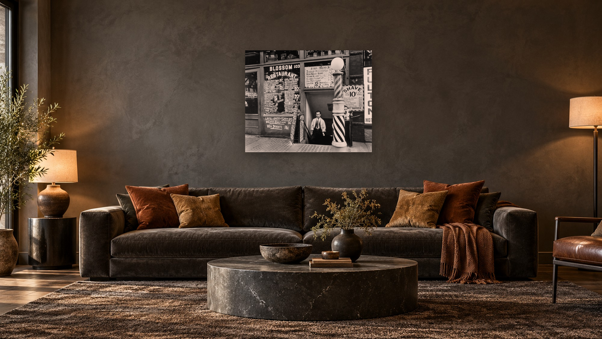 Blossom Restaurant, 103 Bowery, Manhattan by Berenice Abbott, shown at 32 × 40 in (81.3 × 101.6 cm) as gallery-wrapped canvas, den