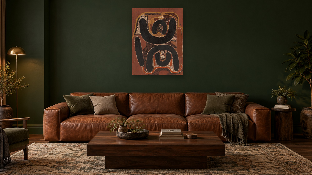 Old Man's Dreaming on Death or Destiny by Mick Wallangkarri Tjakamarra, shown at 30 × 40 in (76.2 × 101.6 cm) as gallery-wrapped canvas, den