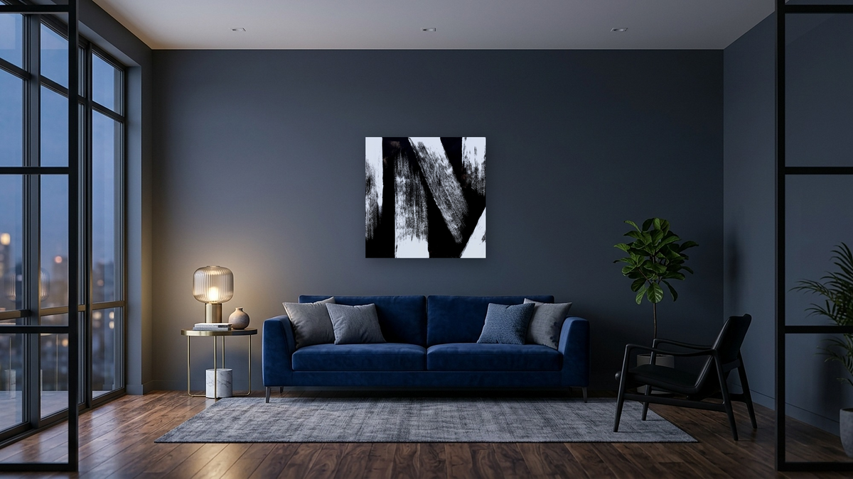 Black and White 6c by Tayt Modern, shown at 32 × 32 in (81.3 × 81.3 cm) as gallery-wrapped canvas, den