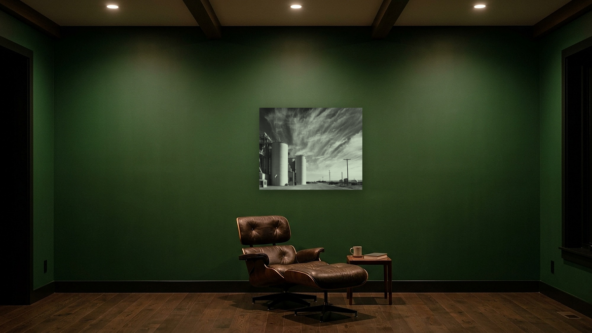 Grain Elevators with Clouds by Gordon Osmundson, shown at 32 × 40 in (81.3 × 101.6 cm) as gallery-wrapped canvas, den