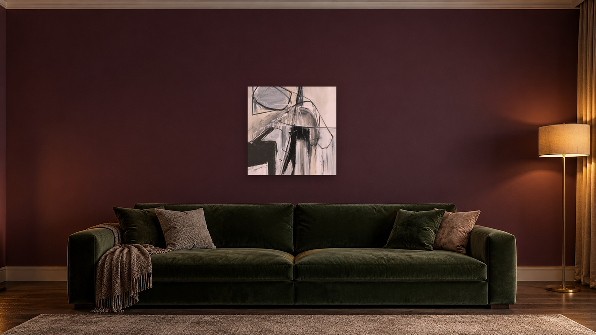 Motion Signals by Kelly O'Neal, shown at 32 × 32 in (81.3 × 81.3 cm) as gallery-wrapped canvas, den