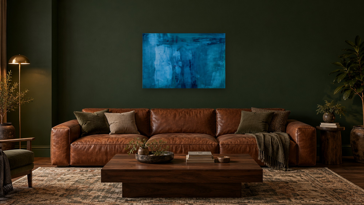 No. 113 by Michelle Oppenheimer, shown at 28 × 42 in (71.1 × 106.7 cm) as gallery-wrapped canvas, den