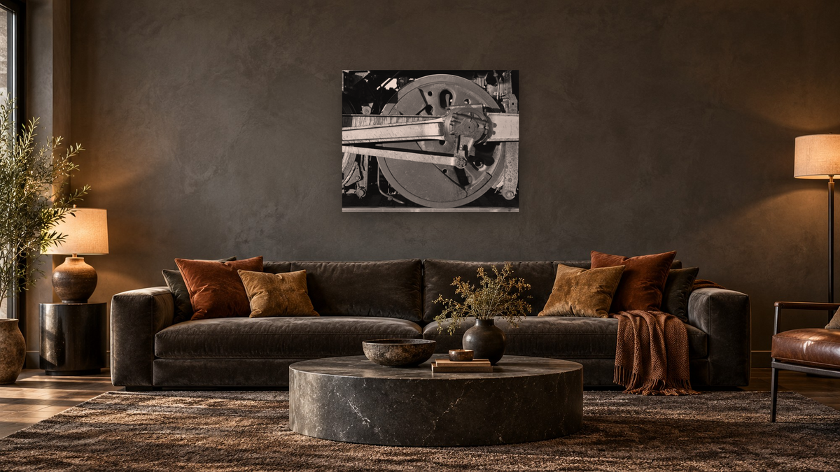Main Driver, AT&SF #3751 from the Railroad Series by Gordon Osmundson, shown at 32 × 40 in (81.3 × 101.6 cm) as gallery-wrapped canvas, den