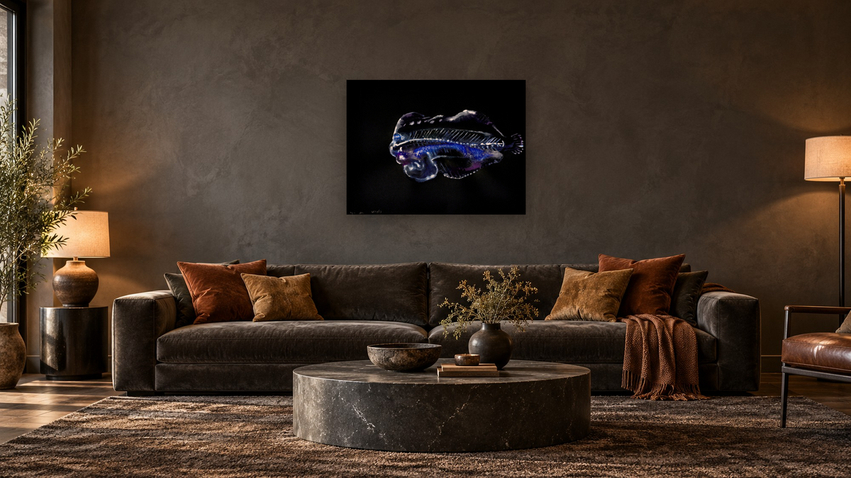 Flounder 2 by Alexis Rockman, shown at 30 × 40 in (76.2 × 101.6 cm) as gallery-wrapped canvas, den