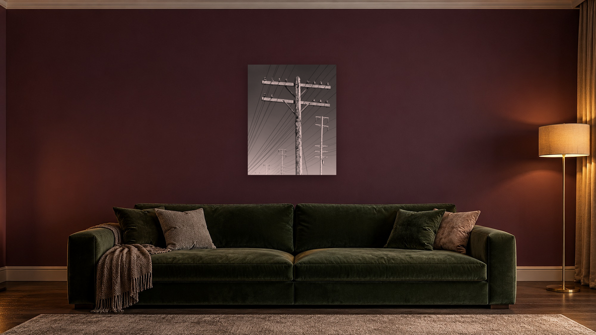 Poles and Wires by Gordon Osmundson, shown at 32 × 40 in (81.3 × 101.6 cm) as gallery-wrapped canvas, den