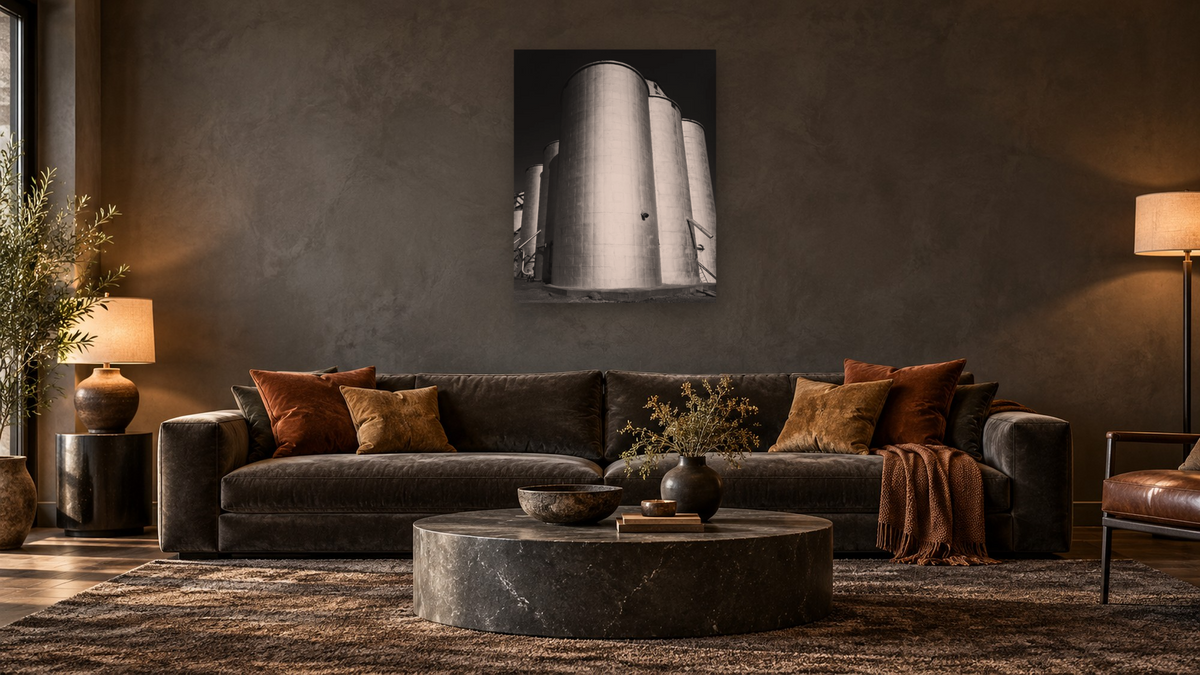 Arbuckle Warehouse #3 by Gordon Osmundson, shown at 32 × 40 in (81.3 × 101.6 cm) as gallery-wrapped canvas, den