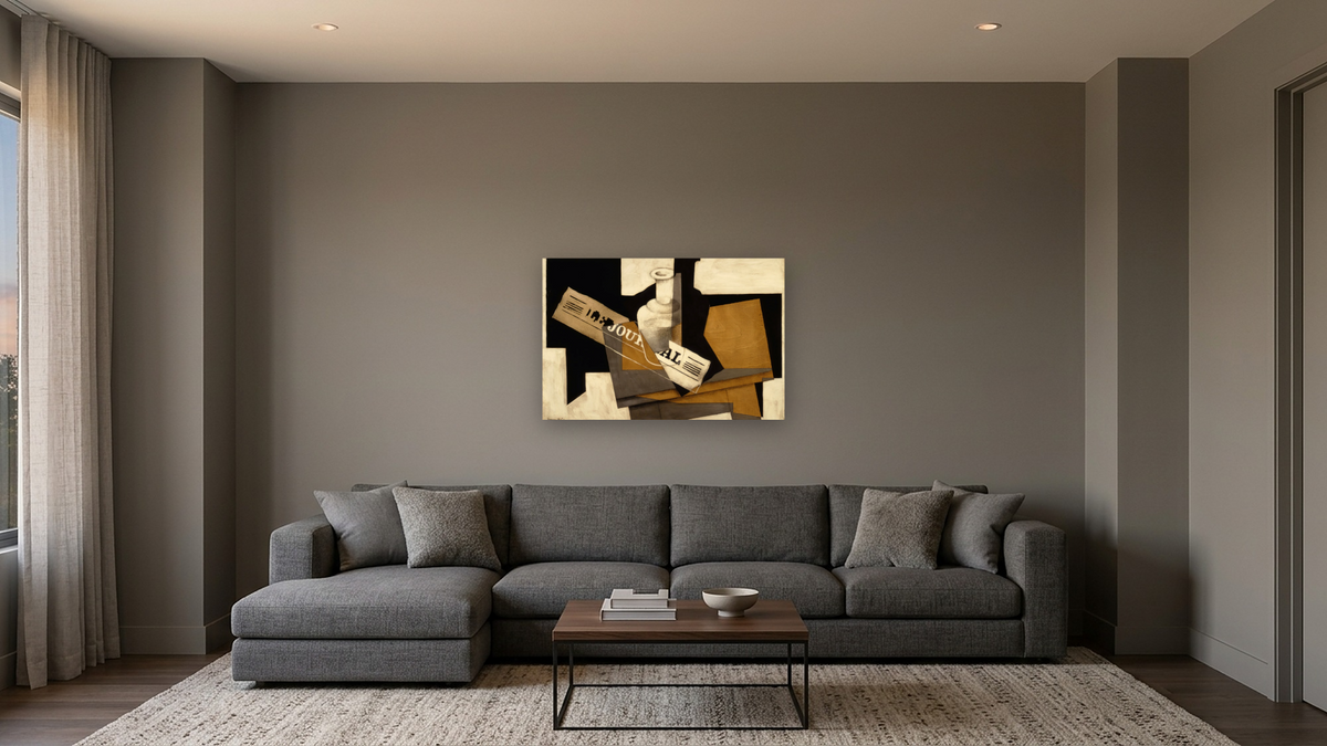 Le Journal by Juan Gris, shown at 28 × 42 in (71.1 × 106.7 cm) as gallery-wrapped canvas, media room