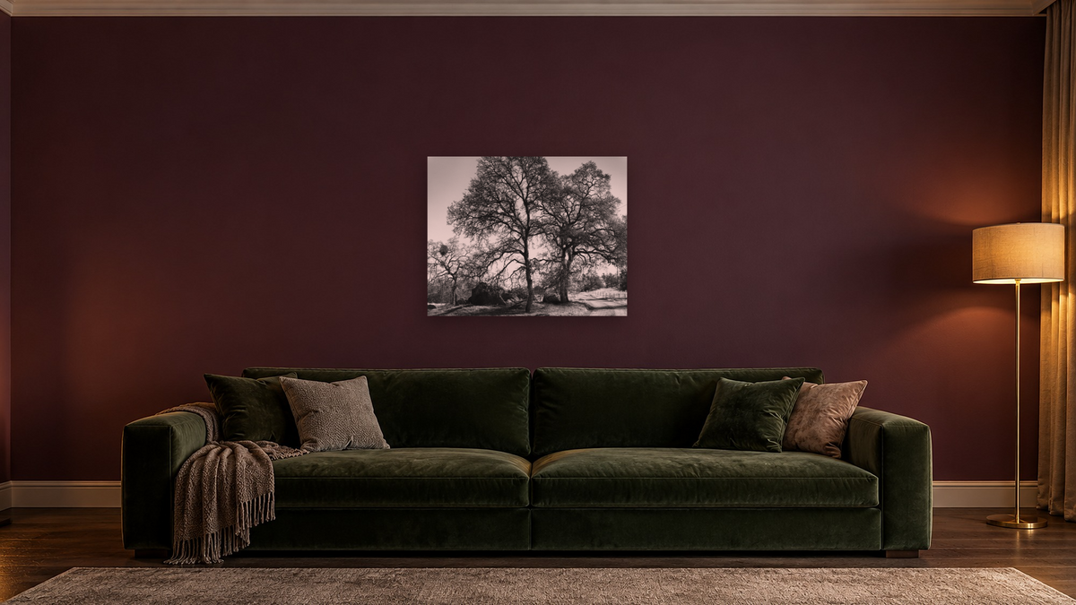 Three Oaks and Boulder by Gordon Osmundson, shown at 32 × 40 in (81.3 × 101.6 cm) as gallery-wrapped canvas, den
