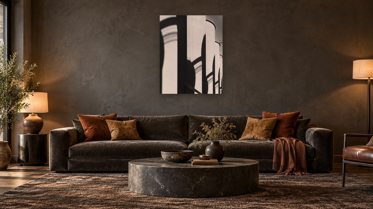 Strain Warehouse #23 by Gordon Osmundson, shown at 32 × 40 in (81.3 × 101.6 cm) as gallery-wrapped canvas, den