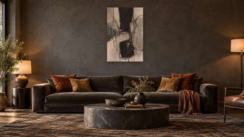 Abstract-244-A by Kelly O'Neal, shown at 28 × 42 in (71.1 × 106.7 cm) as gallery-wrapped canvas, den [arteriel-render:v6:room_a:28x42@51,25]