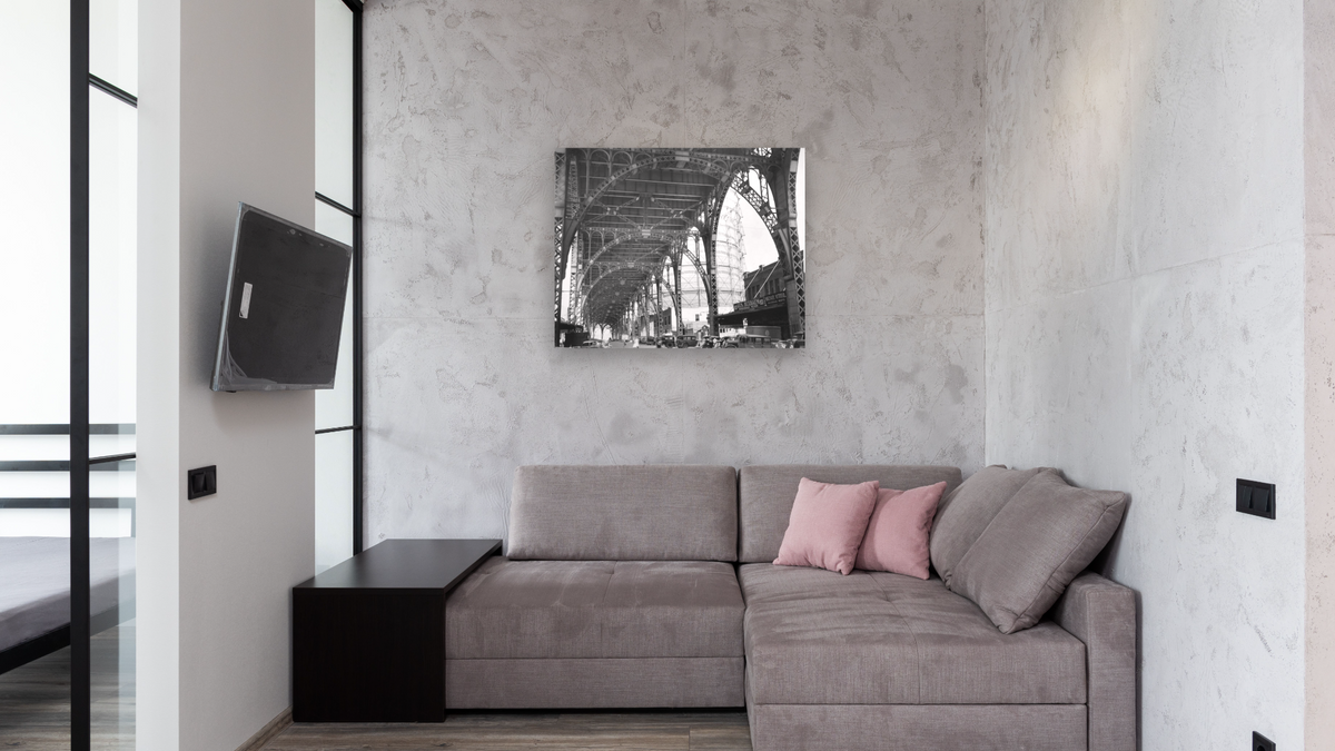 Under Riverside Drive Viaduct 125th St. at 12th Ave by Berenice Abbott, shown at 32 × 40 in (81.3 × 101.6 cm) as gallery-wrapped canvas, media room