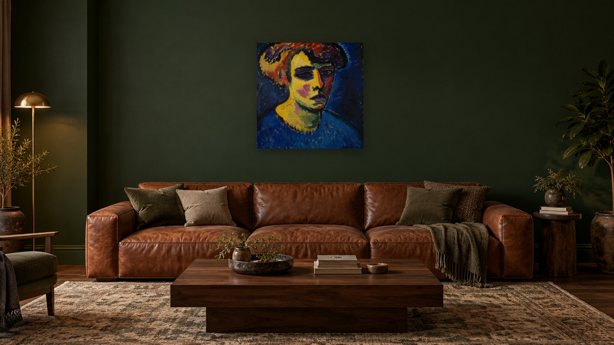 Frauenkopf [Head of a Woman] by Alexei Jawlensky, shown at 32 × 32 in (81.3 × 81.3 cm) as gallery-wrapped canvas, den
