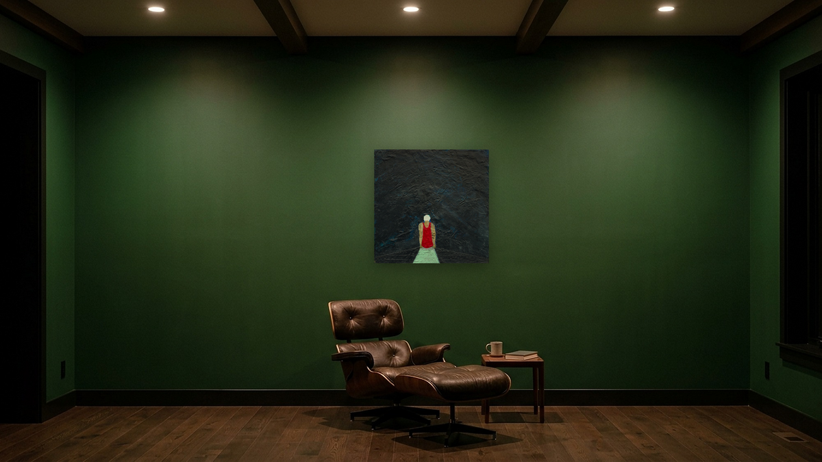Failure to Launch by Dobee Snowber, shown at 32 × 32 in (81.3 × 81.3 cm) as gallery-wrapped canvas, den
