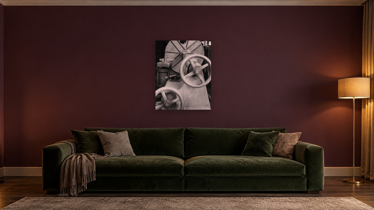 Axle Lathe #2 by Gordon Osmundson, shown at 32 × 40 in (81.3 × 101.6 cm) as gallery-wrapped canvas, den