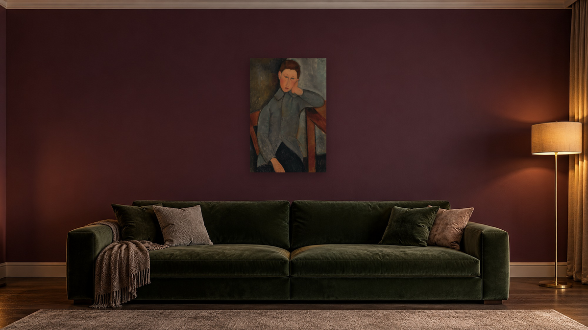 The Boy by Amedeo Modigliani, shown at 28 × 42 in (71.1 × 106.7 cm) as gallery-wrapped canvas, den