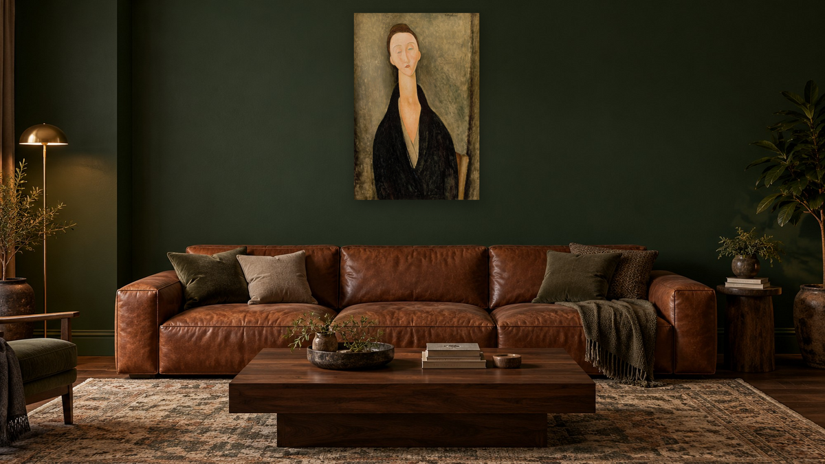 Portrait of Lunia Czechowska by Amedeo Modigliani, shown at 28 × 42 in (71.1 × 106.7 cm) as gallery-wrapped canvas, den