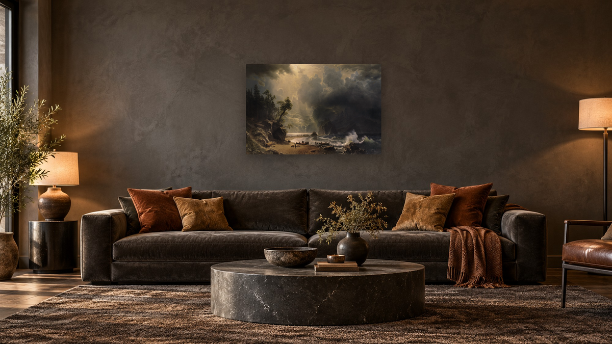 Puget Sound on the Pacific Coast by Albert Bierstadt, shown at 28 × 42 in (71.1 × 106.7 cm) as gallery-wrapped canvas, den