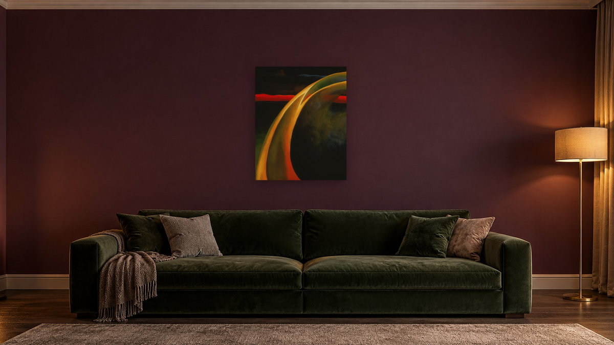 Red and Orange Streak by Georgia O'Keeffe, shown at 32 × 40 in (81.3 × 101.6 cm) as gallery-wrapped canvas, den