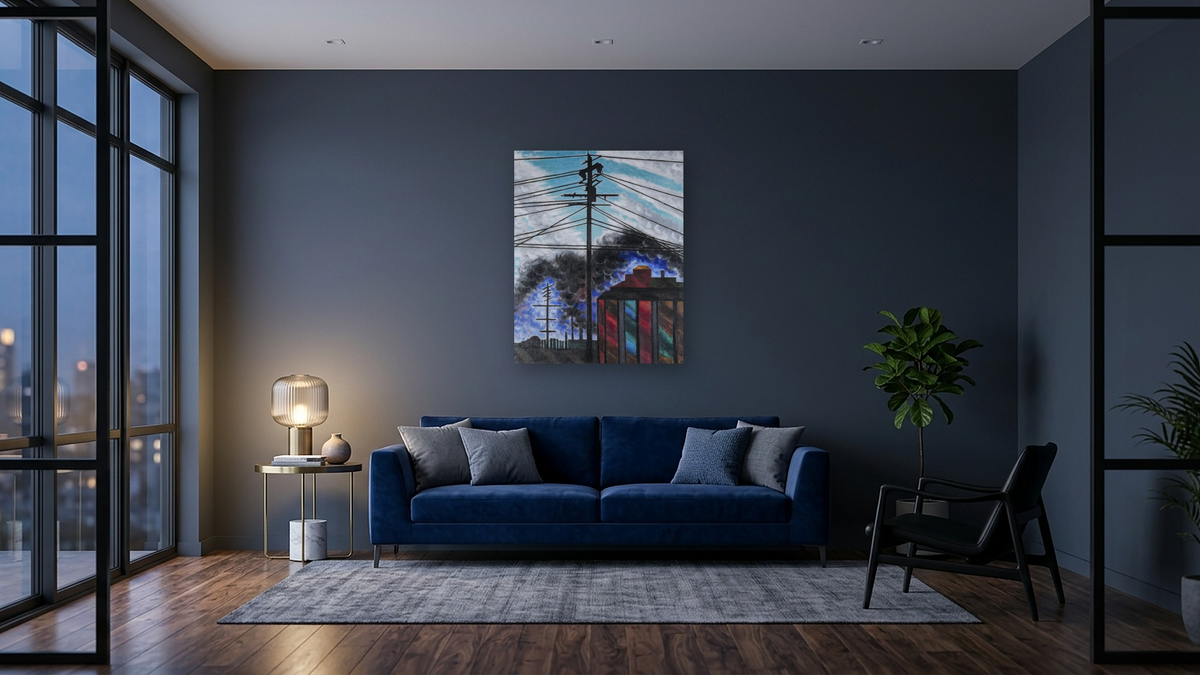 Telegraph Poles with Buildings by Joseph Stella, shown at 32 × 40 in (81.3 × 101.6 cm) as gallery-wrapped canvas, den