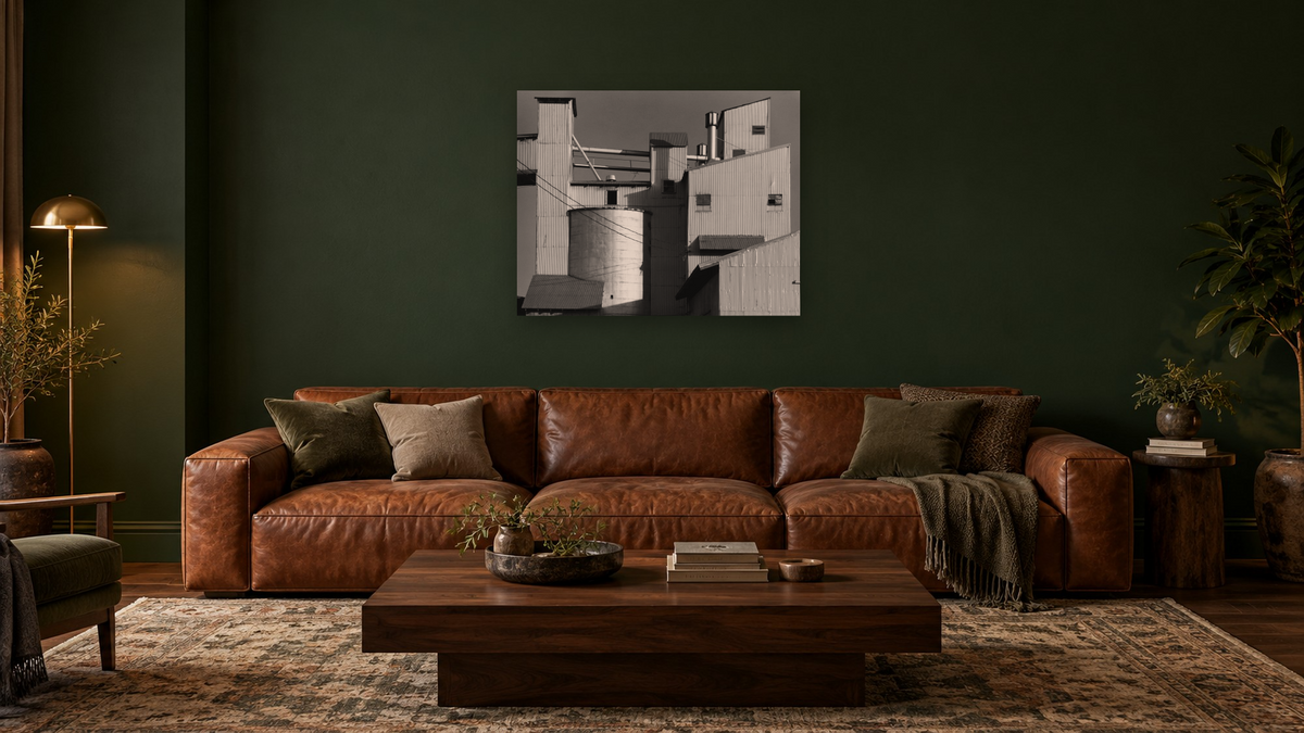 Arbuckle Warehouse #14 by Gordon Osmundson, shown at 32 × 40 in (81.3 × 101.6 cm) as gallery-wrapped canvas, den