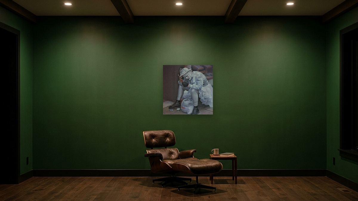 Scottish Clown by Kirsten Söderlind, shown at 32 × 32 in (81.3 × 81.3 cm) as gallery-wrapped canvas, den