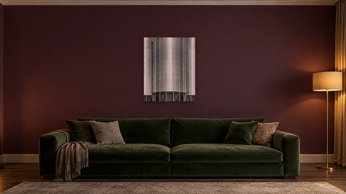 Corrugated Metal Silos #1 by Gordon Osmundson, shown at 32 × 40 in (81.3 × 101.6 cm) as gallery-wrapped canvas, den