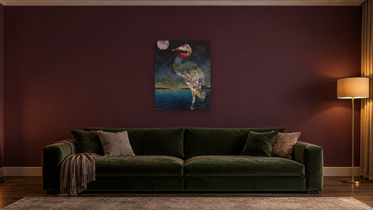 Heron by Corrina Leidy, shown at 32 × 40 in (81.3 × 101.6 cm) as gallery-wrapped canvas, den