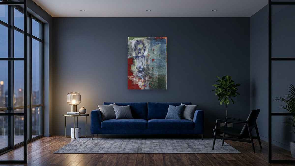 Buddha Love by Michelle Oppenheimer, shown at 30 × 40 in (76.2 × 101.6 cm) as gallery-wrapped canvas, den