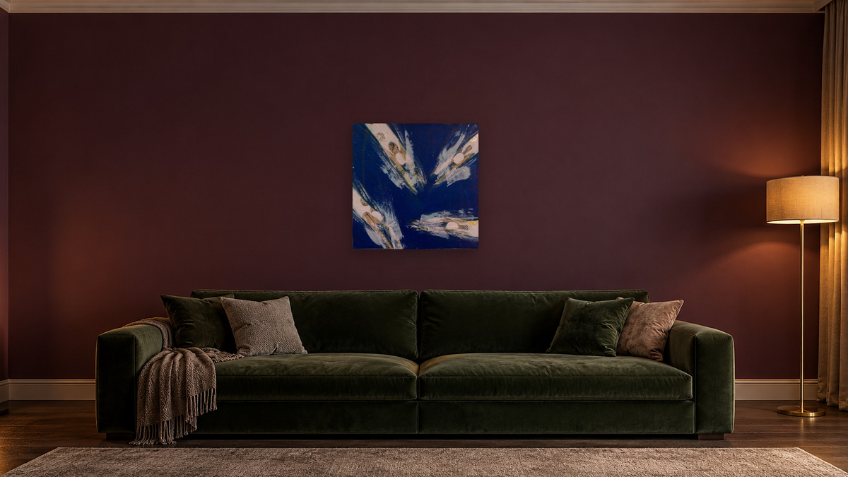 Cross Purposes by Dobee Snowber, shown at 32 × 32 in (81.3 × 81.3 cm) as gallery-wrapped canvas, den