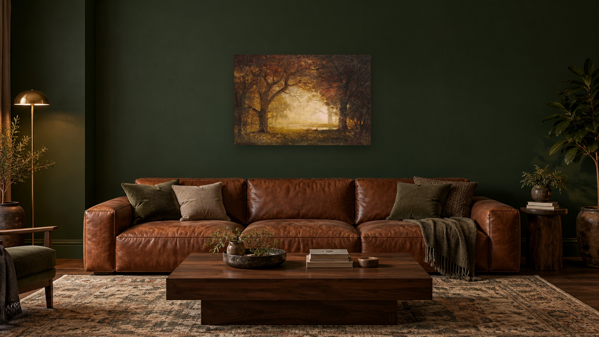 Forest Sunrise by Albert Bierstadt, shown at 28 × 42 in (71.1 × 106.7 cm) as gallery-wrapped canvas, den